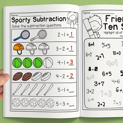 32-Page Interactive Math Learning Workbook with Addition & Subtraction Worksheets, Crossword Puzzles, Colorful Math Activities