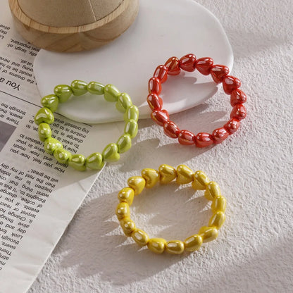 Sweet Fashion Dopamine Colorful Glossy Resin Heart Handmade Bead Elastic Bracelets for Women Summer Beach Stackable Jewelry Gift