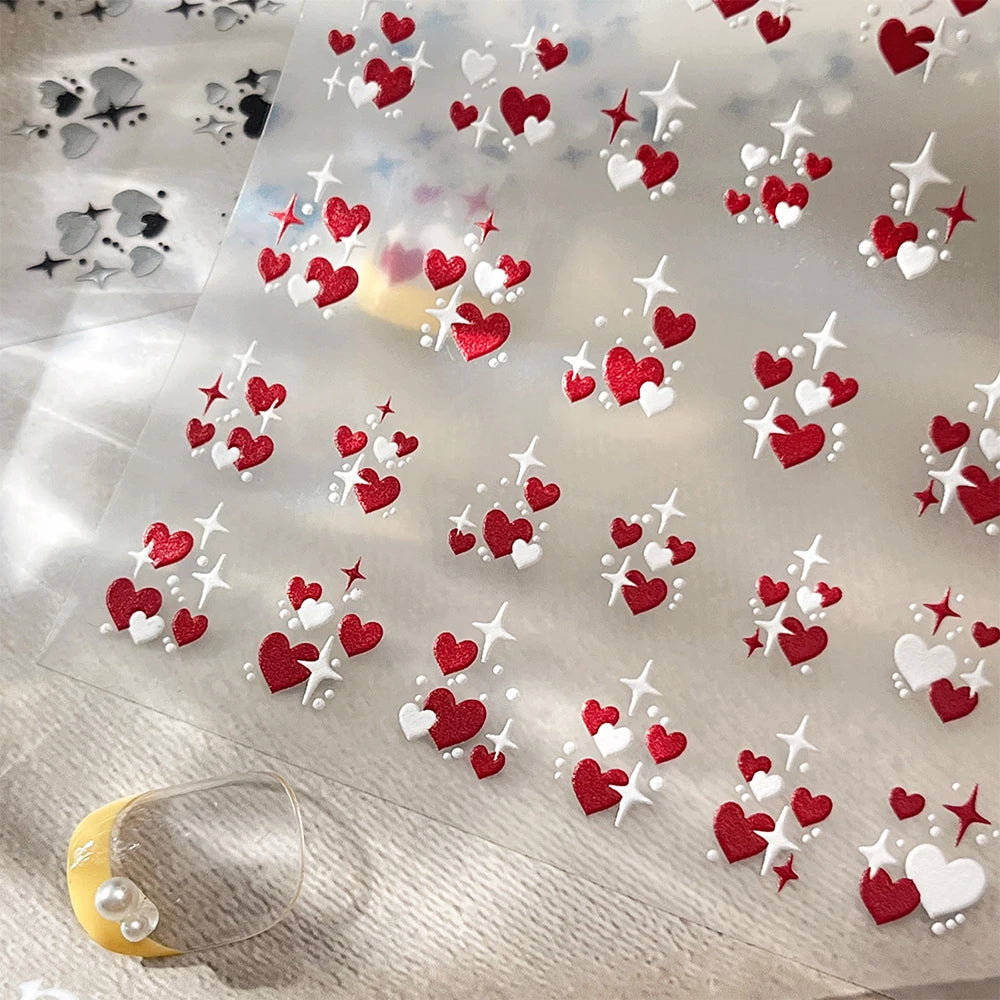 3D Valentine's Day Love Heart Nail Art Sticker Red White Cross Stars Self-Adhesive Nail Decals 8*10cm Kawaii Heart Nail Sticker