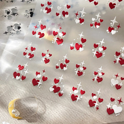 3D Valentine's Day Love Heart Nail Art Sticker Red White Cross Stars Self-Adhesive Nail Decals 8*10cm Kawaii Heart Nail Sticker