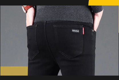 Spring Autumn New Men's Pure Black Slim Jeans Elastic Straight Pants Business Fashion Leisure Korean Vintage Denim Pants Male