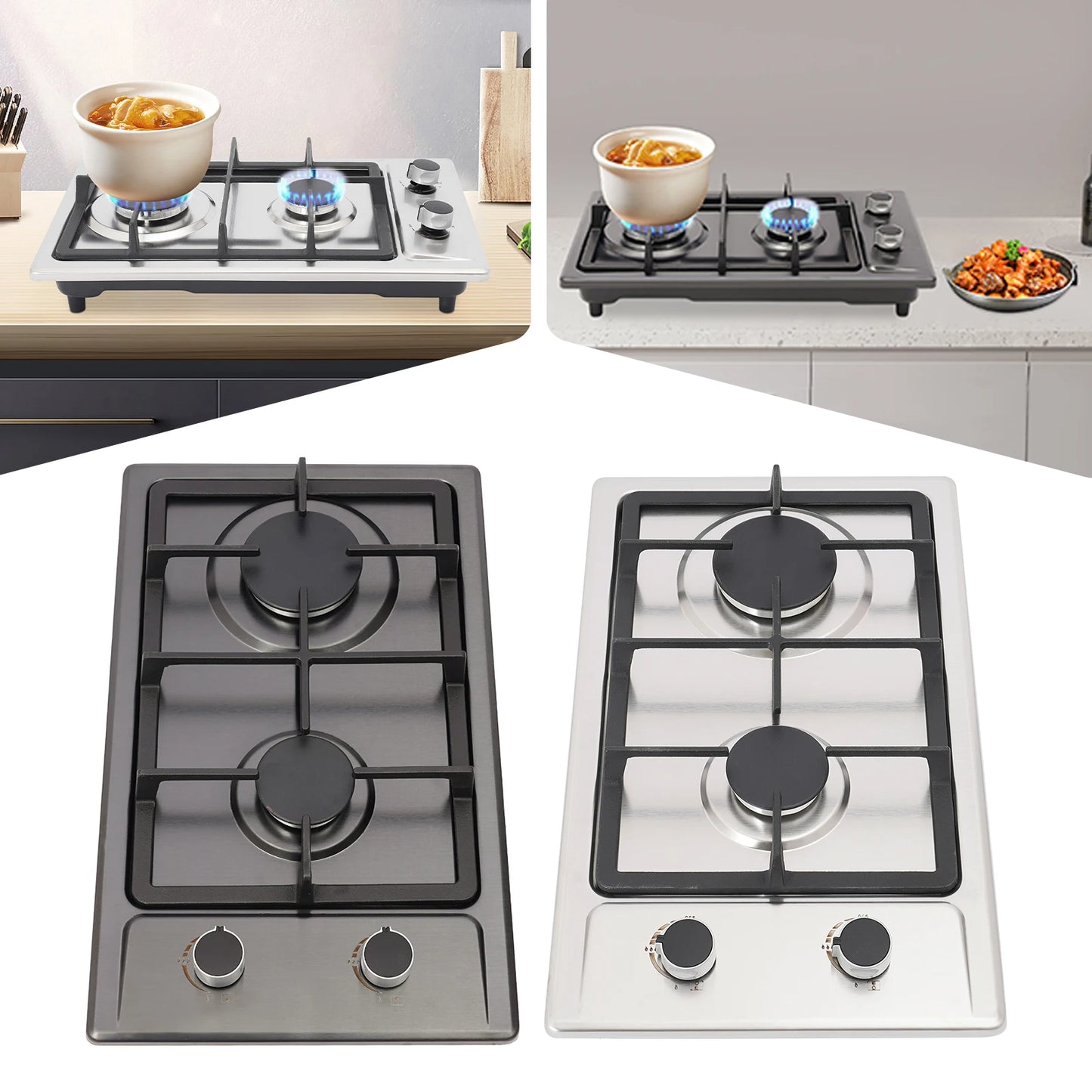 2-Burner Stainless Steel Gas Hob 3KW+1.75KW Portable Gas Stove Countertop/Flush Mounted 51*31*10cm