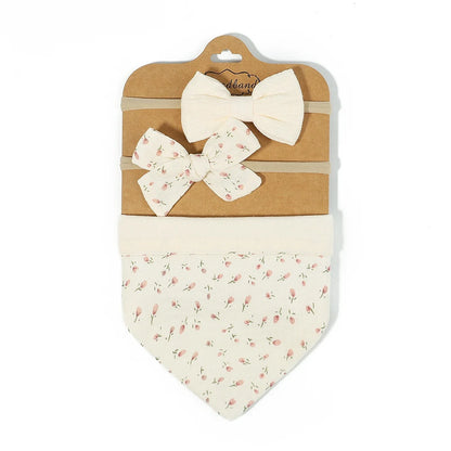 3Pcs/Set Muslin Cotton Print Bib Newborn Bows Headband Triangle Saliva Towel Infant Boy Girl Feeding Burp Baby Hair Accessories