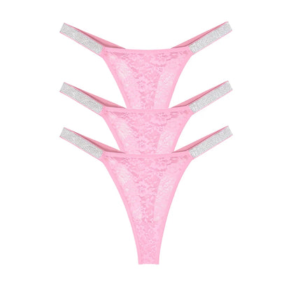 3pcs Sexy Thongs Lace Women Underwear Perspective Floral Panties Low Rise Two Shiny Belts G-string Comfortable Intimate Lingerie