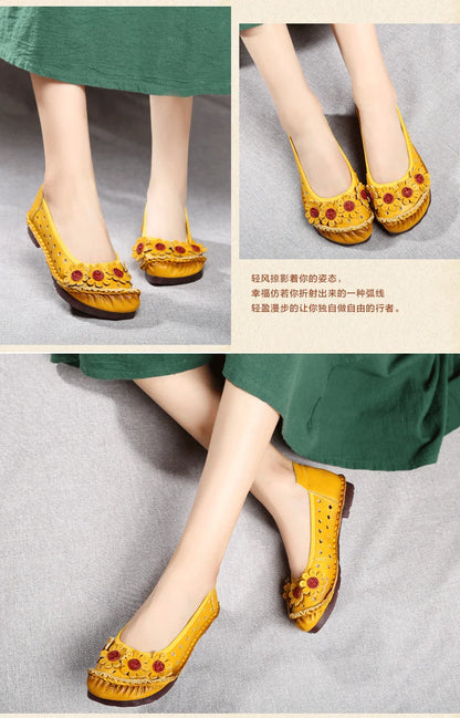 Vintage Flower Moccasins Woman Genuine Leather Ballet Flats Ladies Hollow Slip Ons Women's Luxury Loafer Purple Walking Shoes 42