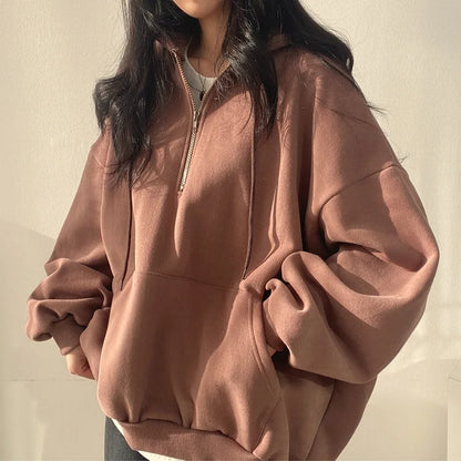 2024 Harajuku Loose Pullover Women Hoodie Oversized Top Summer Zip Up Sweatshirt Female Casual Long Sleeve Pocket Hooded