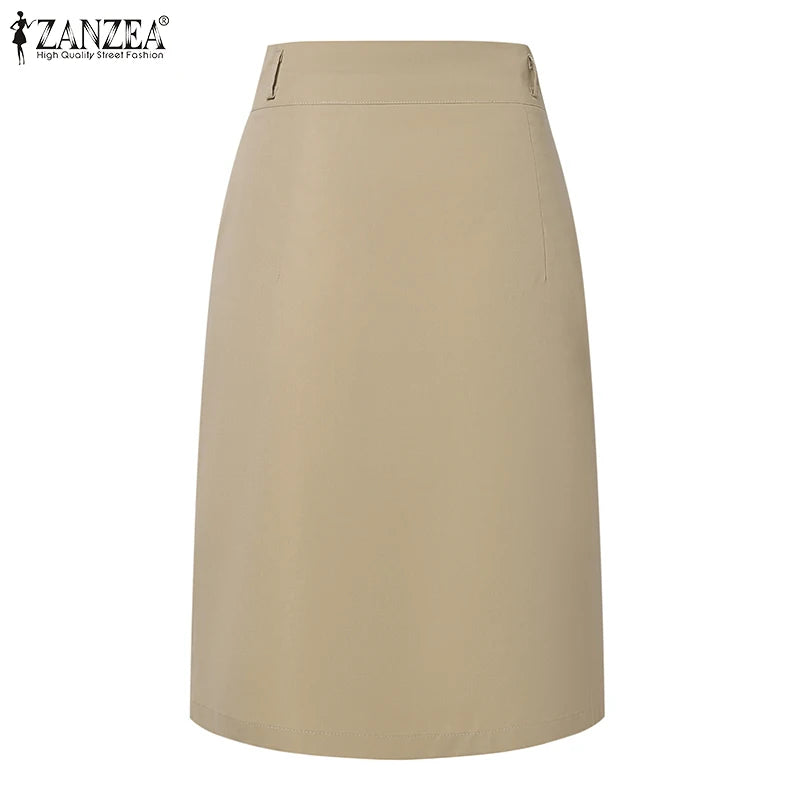 ZANZEA Woman Fashion OL Work Skirts Summer Elegant High Waist Skirt Female Casual Pleated Robe Vintage Buttons Up Faldas Saia