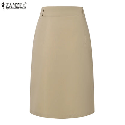 ZANZEA Woman Fashion OL Work Skirts Summer Elegant High Waist Skirt Female Casual Pleated Robe Vintage Buttons Up Faldas Saia