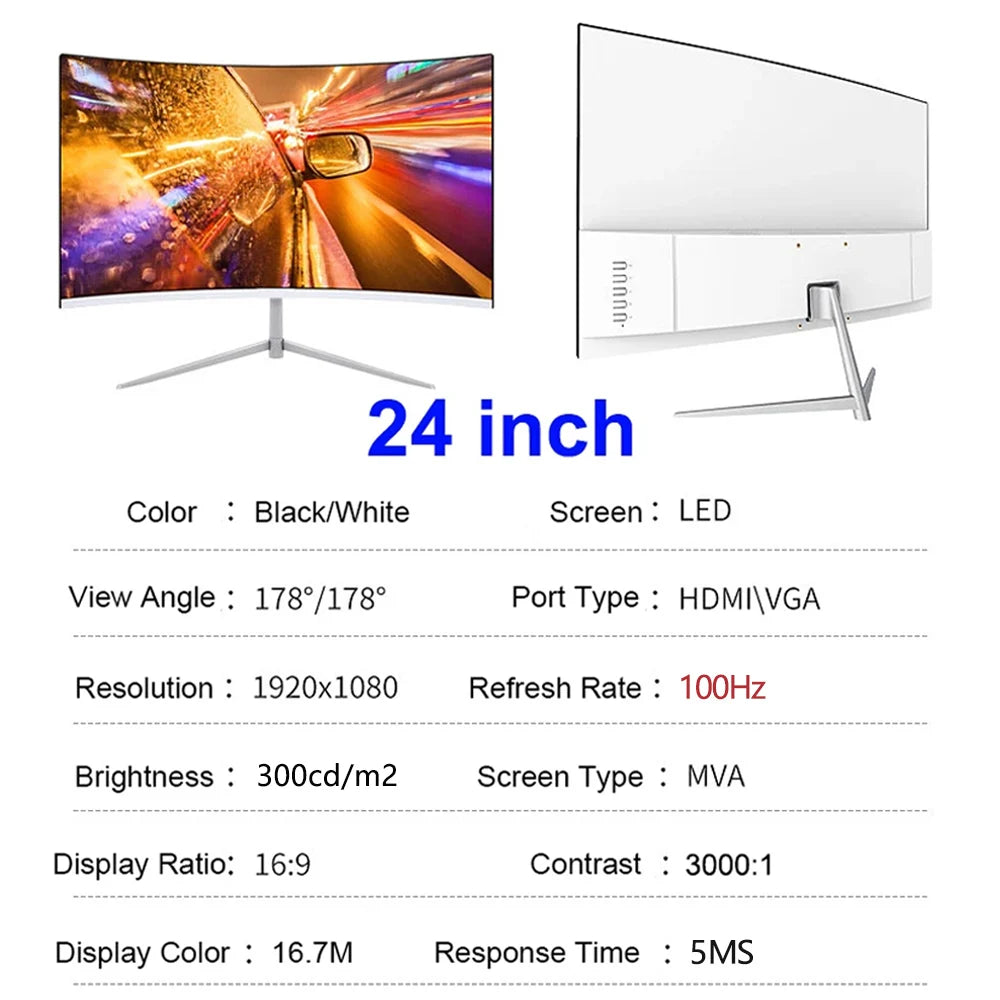 24 Inch Curved 100Hz Monitor Gaming MVA FHD 1080P Computer Display 3000R HDMI/VGA DCR Eye Protect VESA 100*100 2ms Response