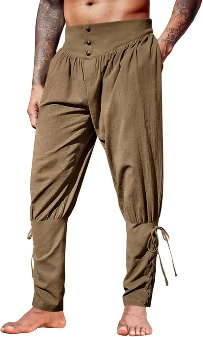Mens Medieval Ankle Pants Renaissance Viking Pirate Lace Up Tapered Halloween Linen Costume Trousers Cargo Pants