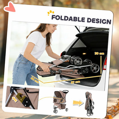 Dog Stroller Foldable Pet Stroller with Adjustable Canopy, Breathable Mesh Windows, Storage Basket, Cup Holder and Rear Brake, Lightweight Travel Carrier Pushchair for Small Dogs, Cats and Mini Breeds, Coffee