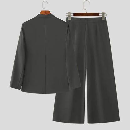 INCERUN Men Sets Solid Color Double Breasted Long Sleeve Blazer & Pants Two Pieces Sets Streetwear Fashion Casual Men's Suits