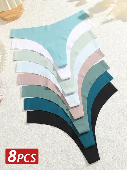 8PCS/Set Women Seamless Ice Silk Thongs Panties Female G-String Breathable Underwear V Waist Sexy Lingerie Ultra Thin Bikini