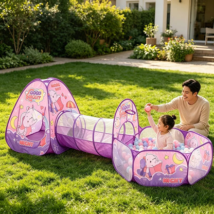3 in 1 Pink Elephant Kids Play Tent with Crawl Tunnel & Ball Pit, Pop Up Foldable Toddler Playhouse, Breathable Mesh Safe Play Toy Indoor Outdoor Large Space for 2-3 Kids Ages 1-6，Quick Setup & Easy Storage with Carry Bag