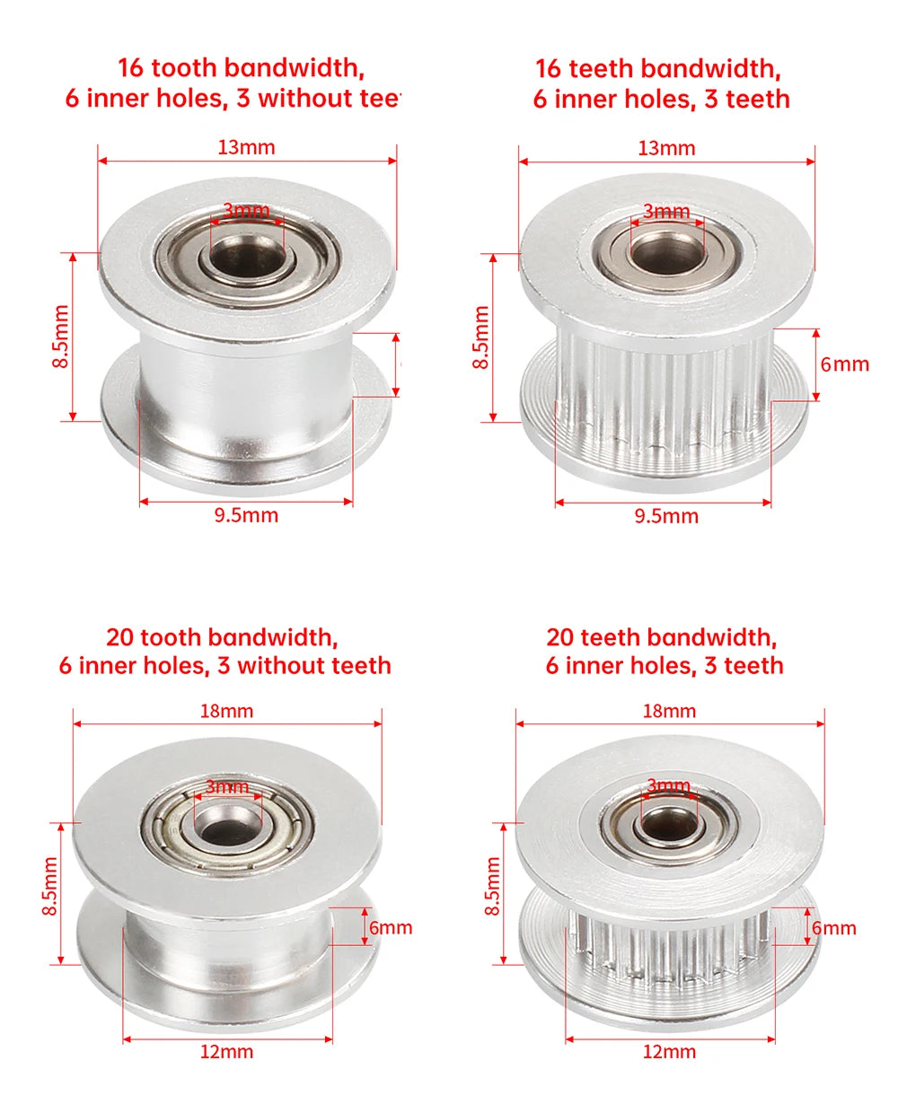 GT2 Idler Timing Pulley 16-tooth 20-Teeth with 3mm or 5mm Bore with Bearings for 3D Printer Parts Timing Belt 6mm 10mm