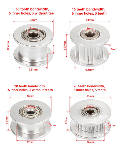 GT2 Idler Timing Pulley 16-tooth 20-Teeth with 3mm or 5mm Bore with Bearings for 3D Printer Parts Timing Belt 6mm 10mm