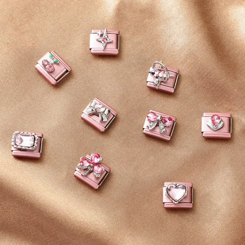 2025 New Women Romantic Pink Cherry Heart Shiny CZ Italian Charm Links Fit 9mm Bracelet Stainless Steel DIY Making Jewelry Gifts