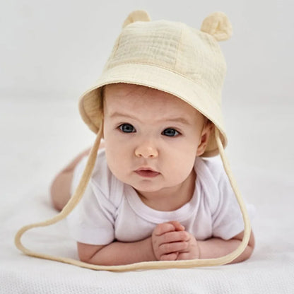 Baby Cotton Sun Hat New Children Outdoor Rabbit Ear Beach Caps Boy Girl Print Panama Hat Unisex Beach Bucket Hat For 3-12 Months