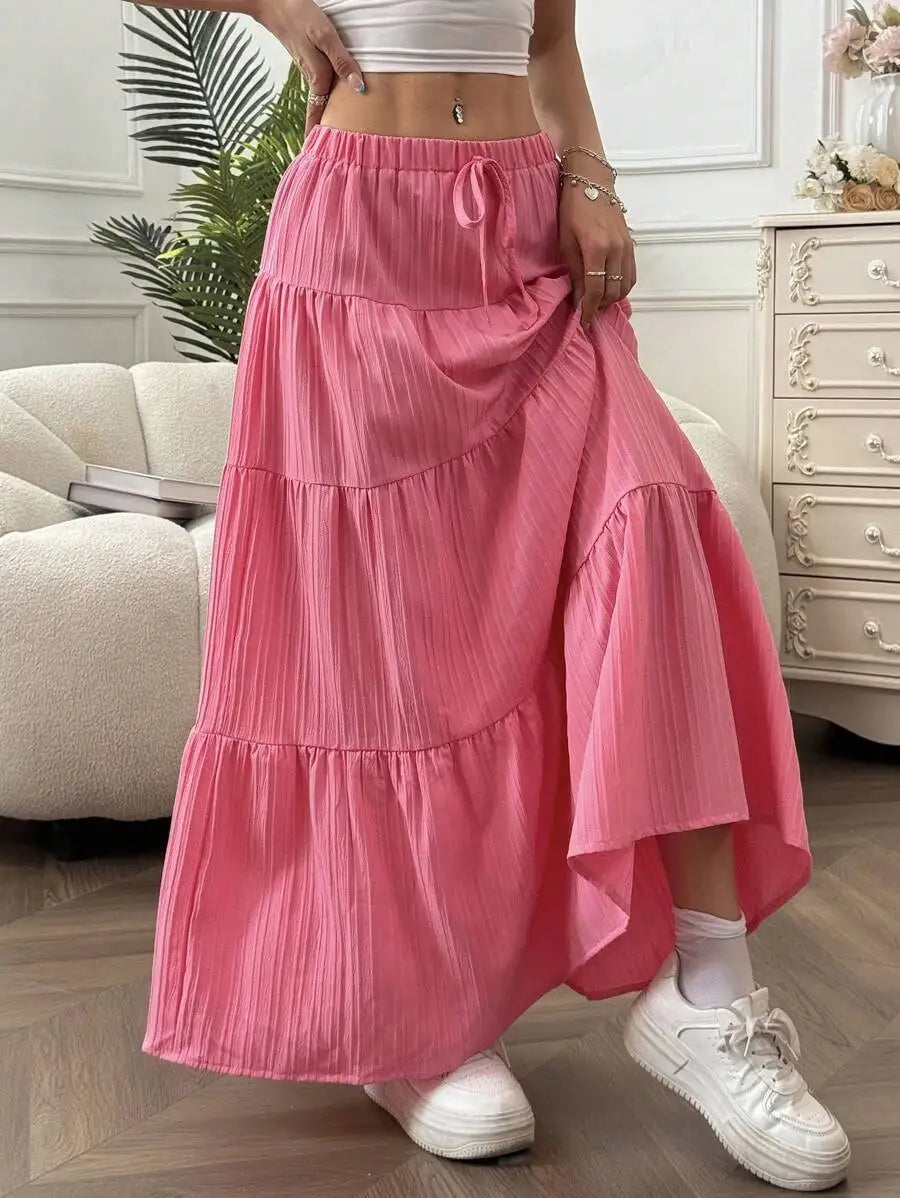 European and American Cross-Border New Style Wish Spring and Summer Women's Skirts, Tie-Strap Spliced Flared Skirts, Loose Long