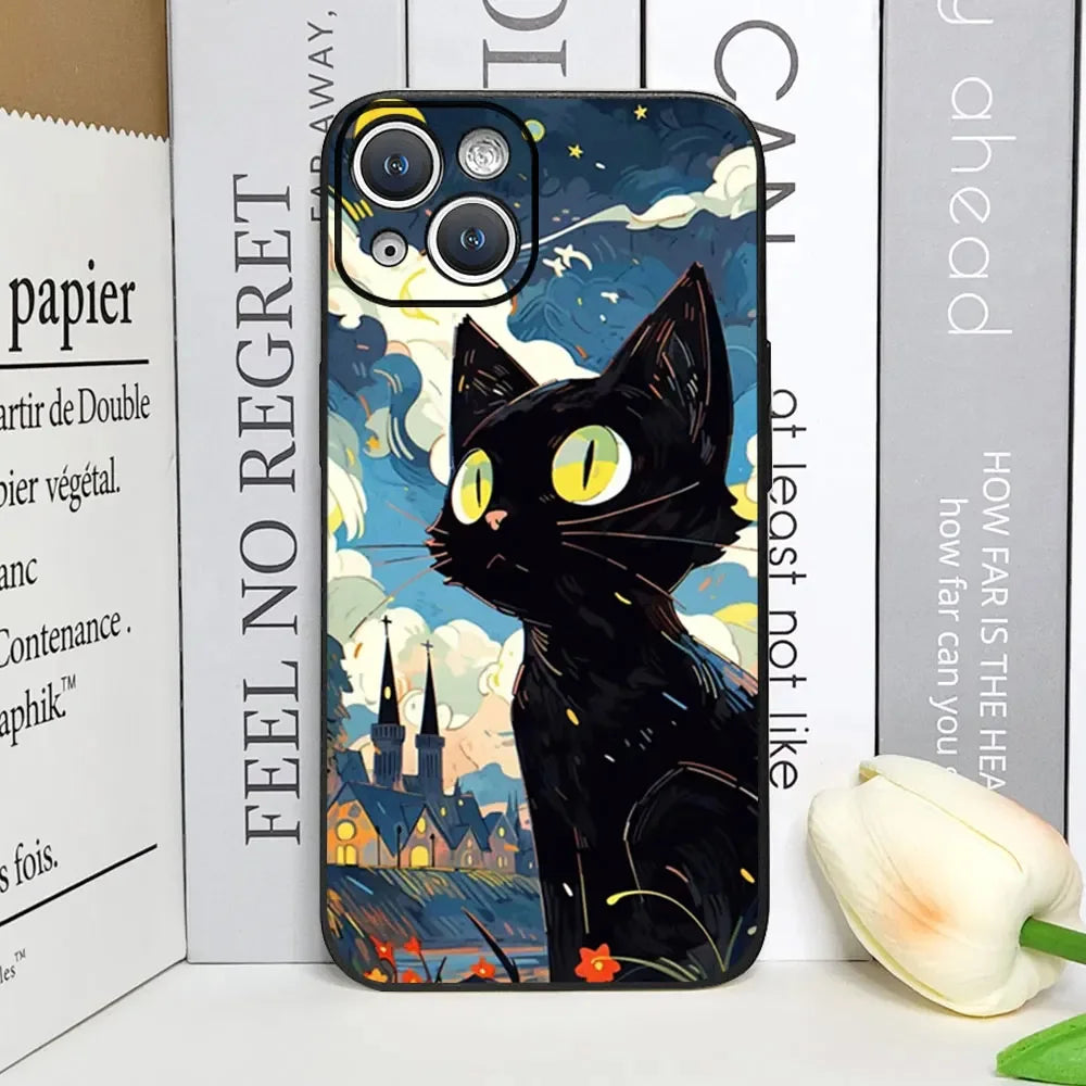 Artistic Black Cat Starry Night Phone Case For iPhone 17 16 15 14 13 12 Pro Max Mini 7 8 SE Plus Couple Cover Soft Shell Fundas