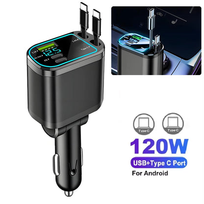 5 In 1 Car Charger 66W Max with Retractable Cable PD30W+2.4A Voltage Display Super Fast Charging 22.5W for iPhone & Android