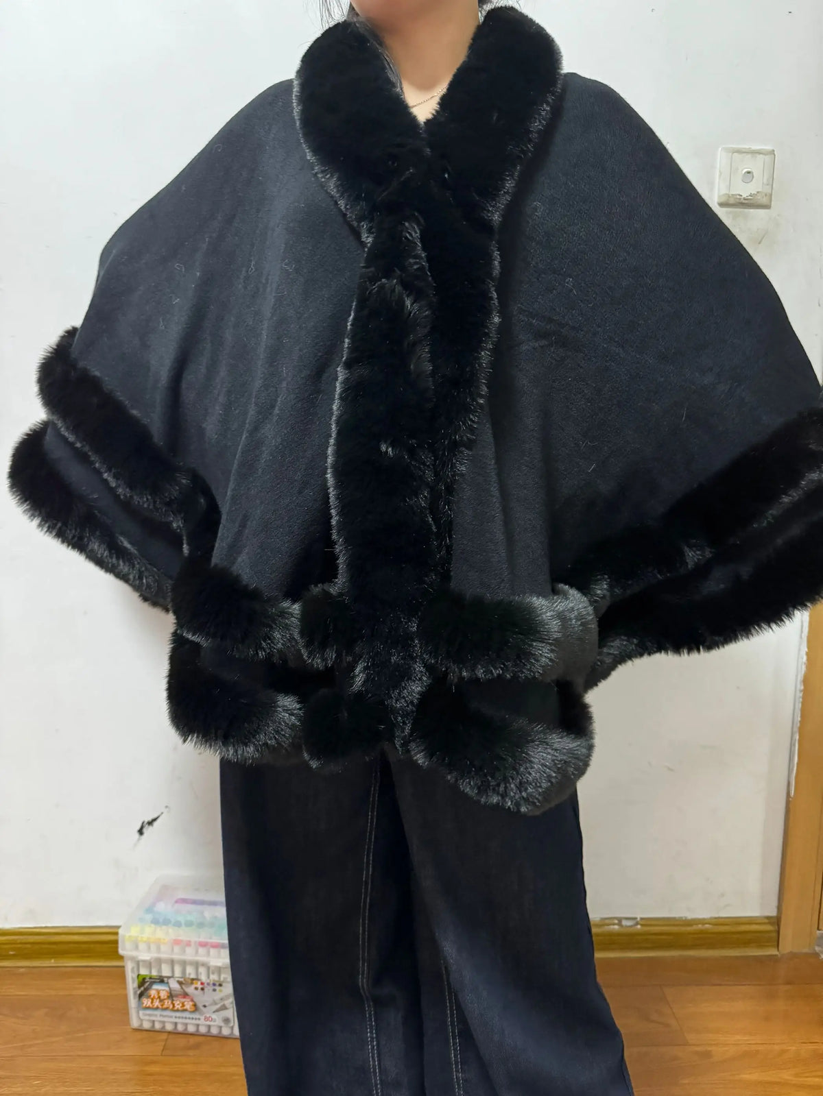 2024 Women 2 Circle Wraps Long Faux Rabbit Fur Cape Poncho Winter Loose Thick Warm Shawl Outerwear Knitted Cloak Overcoat