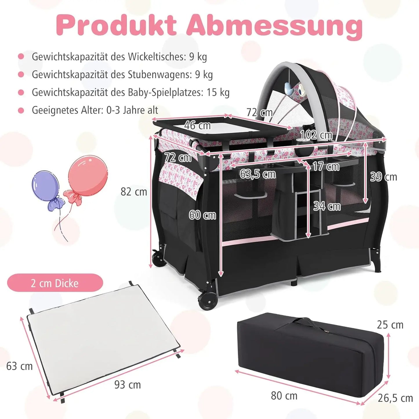 5-in-1 Travel Cot with Mattress,with Adjustable Canopy,with Changing Mat,Music Box & Carry Bag,up to 15 kg Load Capacity