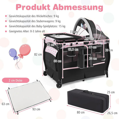 5-in-1 Travel Cot with Mattress,with Adjustable Canopy,with Changing Mat,Music Box & Carry Bag,up to 15 kg Load Capacity