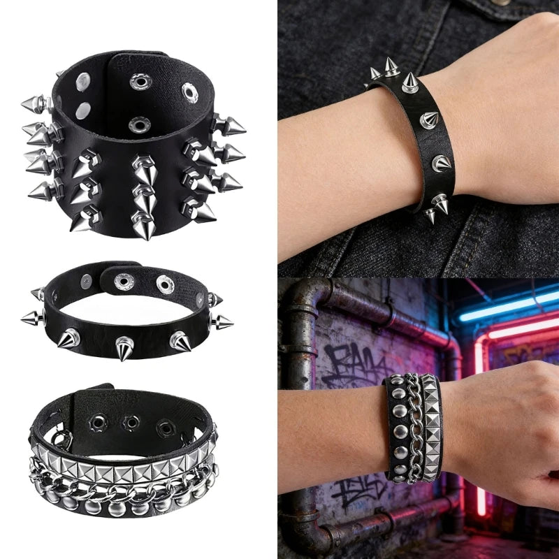 T5UF Stylish Punk Rock Bracelet Square Rivets Punk Wristband Trendy Gothic Jewelry Suitable for Individuality and Comfort