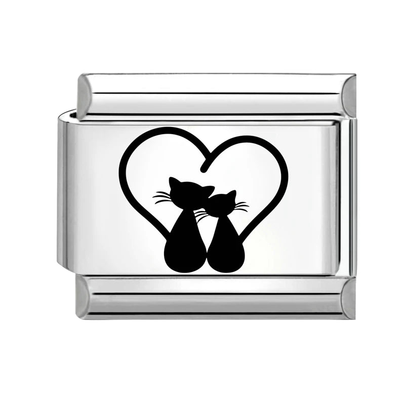 Laser Engraving Cute Cartoon Black Playing Cats Italian Charm Links Fit 9mm Stainless Steel Bracelet Men Women DIY Making Gifts