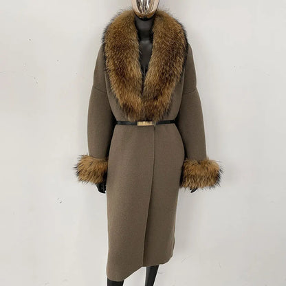 Long Knitwear Coat Women Warm Belt Real Fox Fur Jacket Female 2024 New Autumn Winter Kintted Natural Fur Coat Women