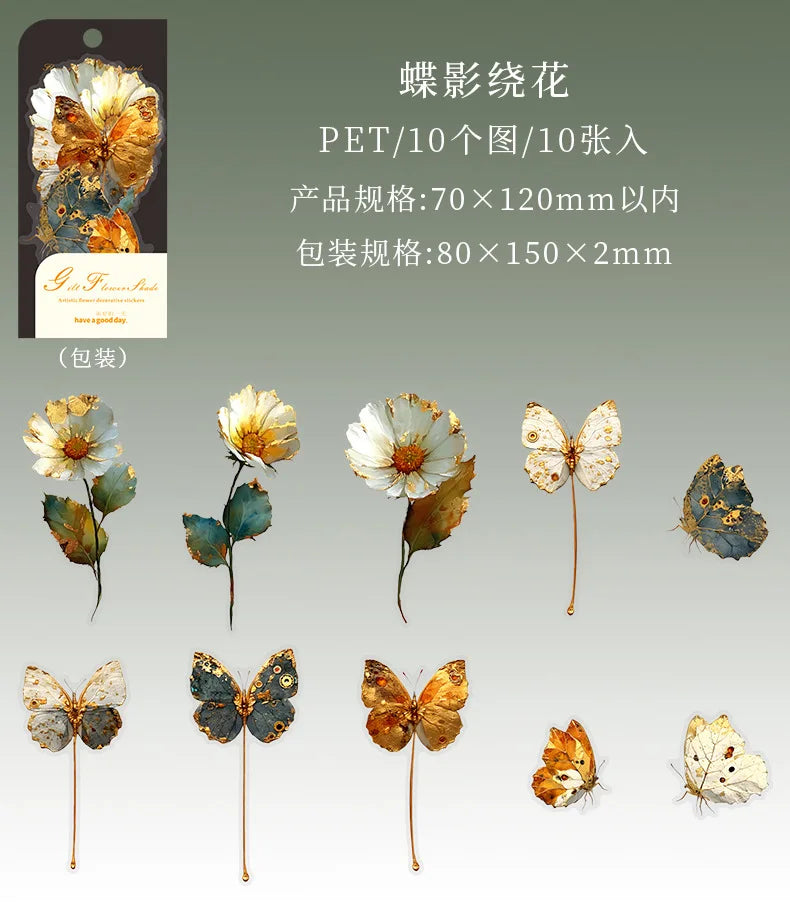 10pcs/1lot Kawaii Scrapbook Sticker Golden Flower Shadow Scrapbooking Supplies Planner Decorative Stationery Sticker