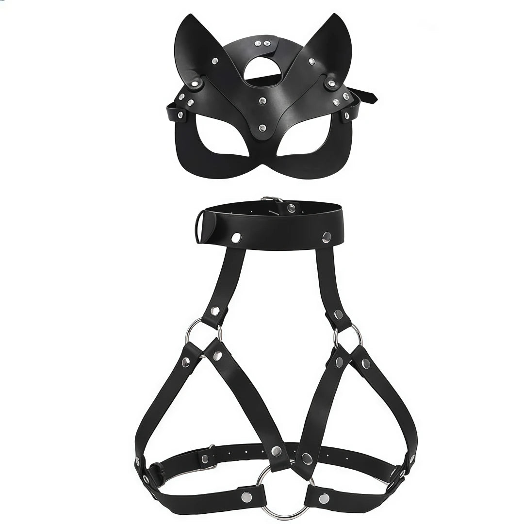Gothic Leather Cat Mask Body Harness Set Women Erotic Bondage Lingerie BDSM Fetish Masquerade Cosplay Party Costume Accessories