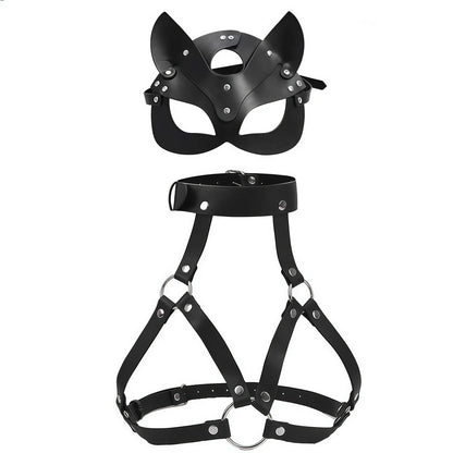 Gothic Leather Cat Mask Body Harness Set Women Erotic Bondage Lingerie BDSM Fetish Masquerade Cosplay Party Costume Accessories