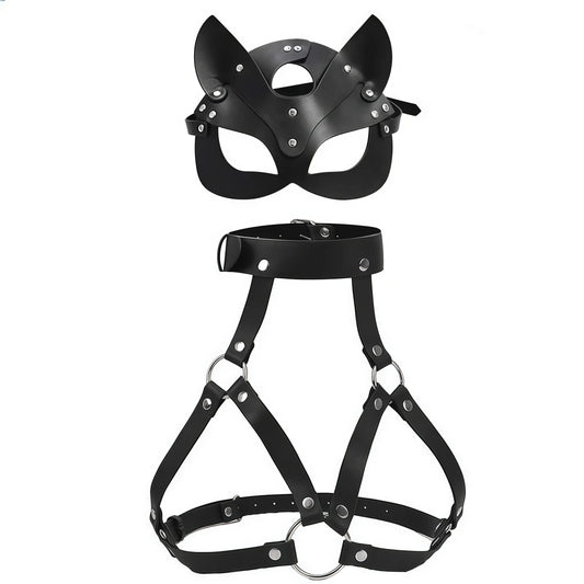 Gothic Leather Cat Mask Body Harness Set Women Erotic Bondage Lingerie BDSM Fetish Masquerade Cosplay Party Costume Accessories