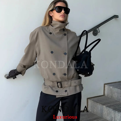 KONDALA High Street Casual Chic Women Jacket Double Breasted Stand Collar Pockets Sashes Jacket New Fashion 2026 Spring Jacket
