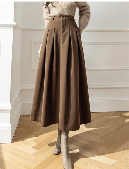 Vintage Winter Woolen Long Skirts For Women Streetwear High Waist Pleated Maxi Skirt Big Swing Folds A-Line Jupe Longues Femme