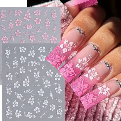 5D Hibiscus Flower Nail Embossed Sticker Acrylic Pink White Gold Petal Leaf Adhesive Decal Butterfly Dragon Floral Elegant Decor