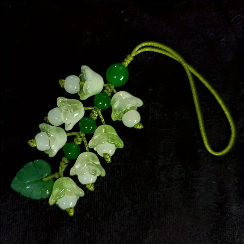 Elegant Floral Glass Keychain With Green Leaf Accents – Charming Nylon Rope Pendant For Women, Perfect For Keys Or Gifts, Floral