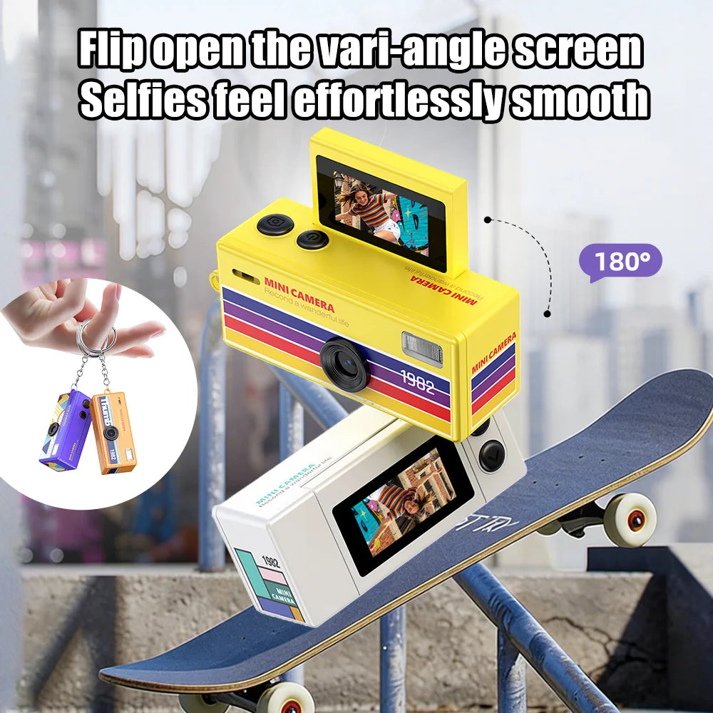 Ourlife Digital Camera 180° Flip Screen Selfile Keychain Camera Retro Support Memory Card HD Very Small Camcorder Video Recorder