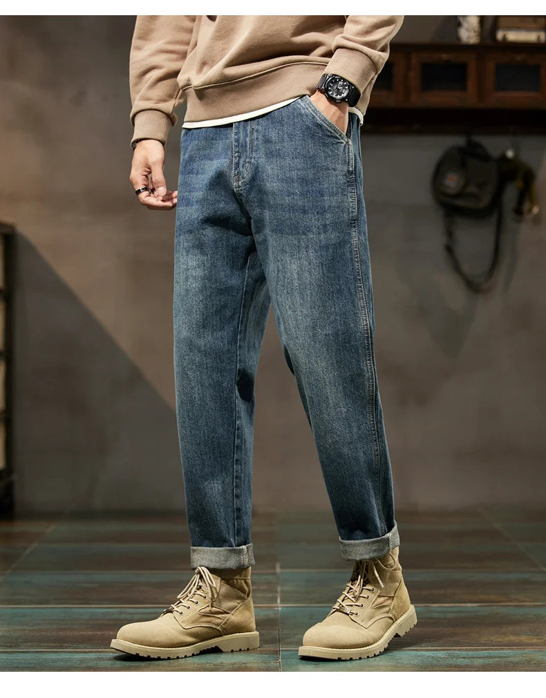 Men's Spring 2026 Loose Harem Pants Denim Retro Solid Comfortable Harajuku Straight Jeans Simple Fashion Versatile Cargo Trouser