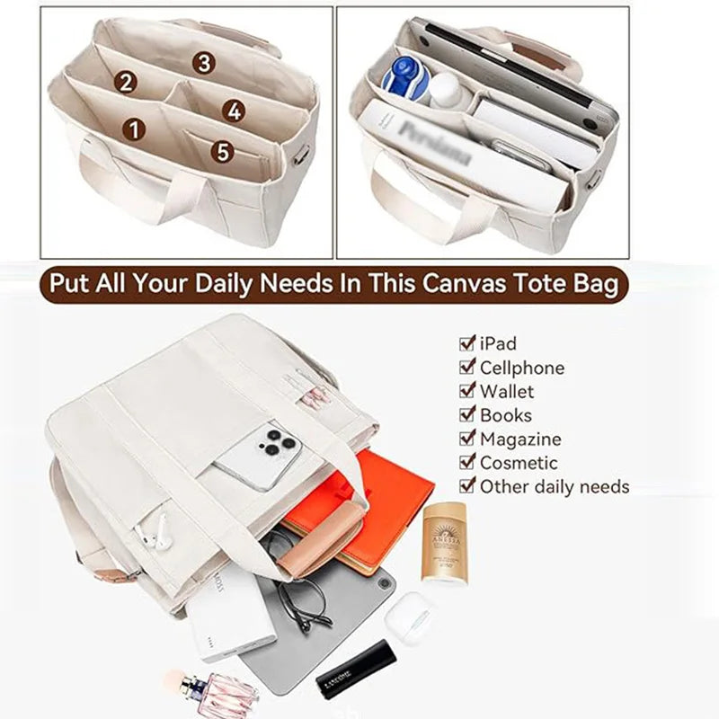Women's Casual Canvas Handbag Multi-pocket Large Capacity Tote Bag Adjustable Shoulder Strap Casual Shoulder Shopper Bag Female