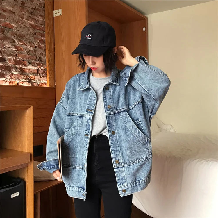 Denim Jacket Women's Spring Autumn New High Street Jeans Coat Oversize Loose Basic Jackets Simple Versatile Lapel Outerwear