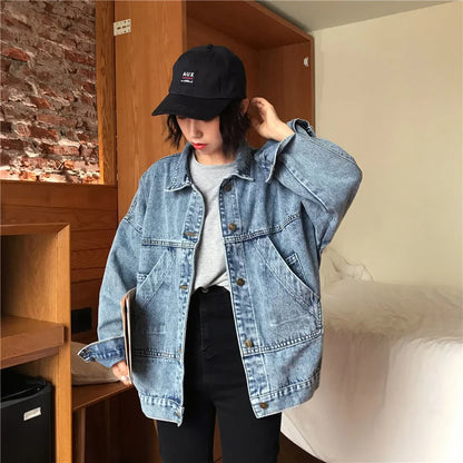 Denim Jacket Women's Spring Autumn New High Street Jeans Coat Oversize Loose Basic Jackets Simple Versatile Lapel Outerwear
