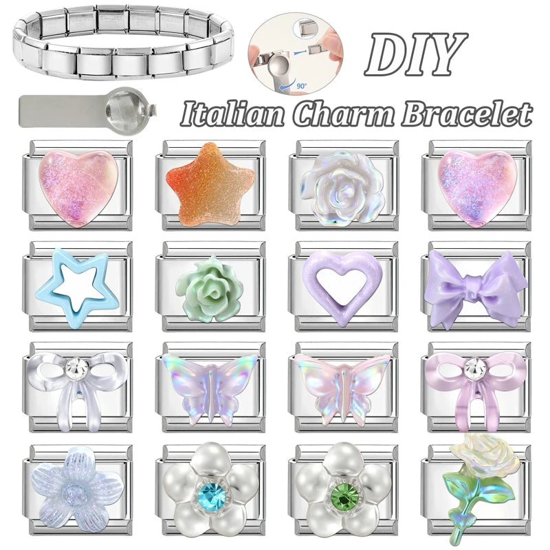 Fashion Heart Bow Knot Butterfly Star Rose Flowers Italian Charm Links Fit 9mm Stainless Steel Bracelet Women DIY Making Gift