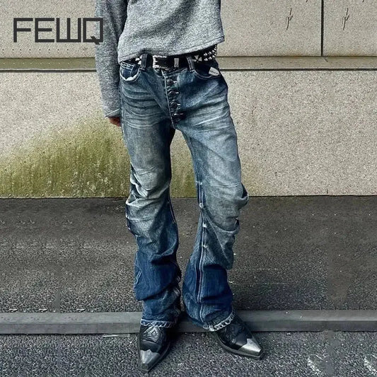 FEWQ American Style Men's Denim Pants Washing Button Design Pleated Loose Jeans Contrast Color Casual Male Bottom Vintage 4K5156
