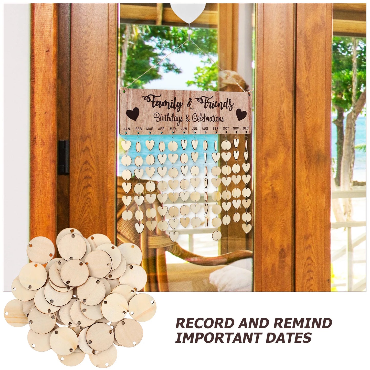 Wooden Birthday Calendar DIY Family Wall Decor Countdown Hanging Board 100 Wood Discs for Home Office Classroom