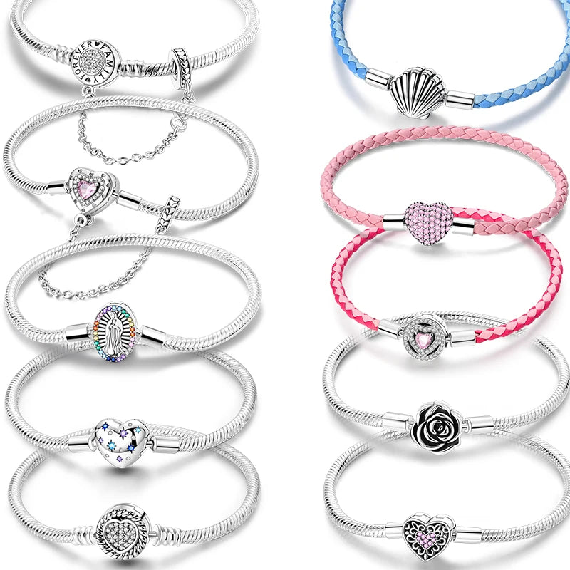New Charm Bracelet 925 Silver Heart Shape Holy Mother Snake Chain Clasp Bracelet Fit Original Bead DIY Fashion Jewelry