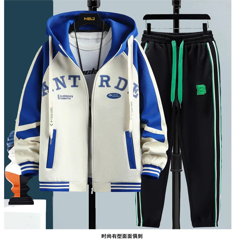 High Quality Running 2 Piece Set Hooded Jacket+Sweatpants Cardigan Long Sleeve Casual Tracksuit Men Sport Brand Clothing Suit
