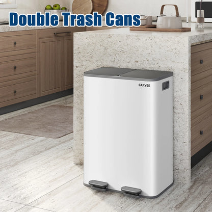 2 * 30L Stainless Steel TrashCan Dual Classification Foot Pedal Bins - Soft Close Lid/Removable Liner Buckets Recycling Solution